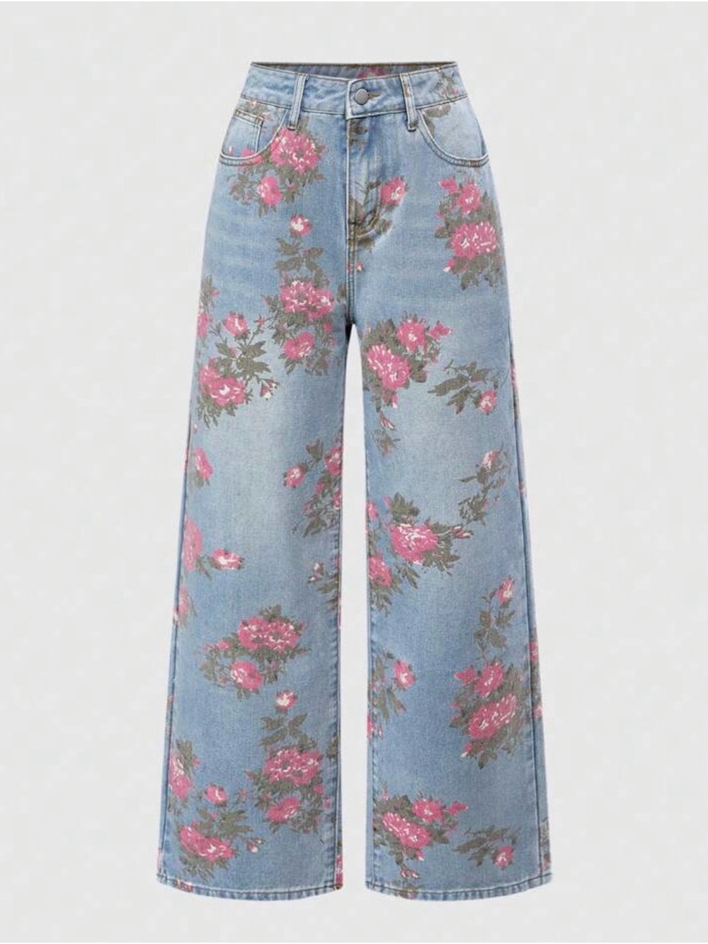 ROMWE Light Blue Wide-Leg Jeans with Pink Floral Print
